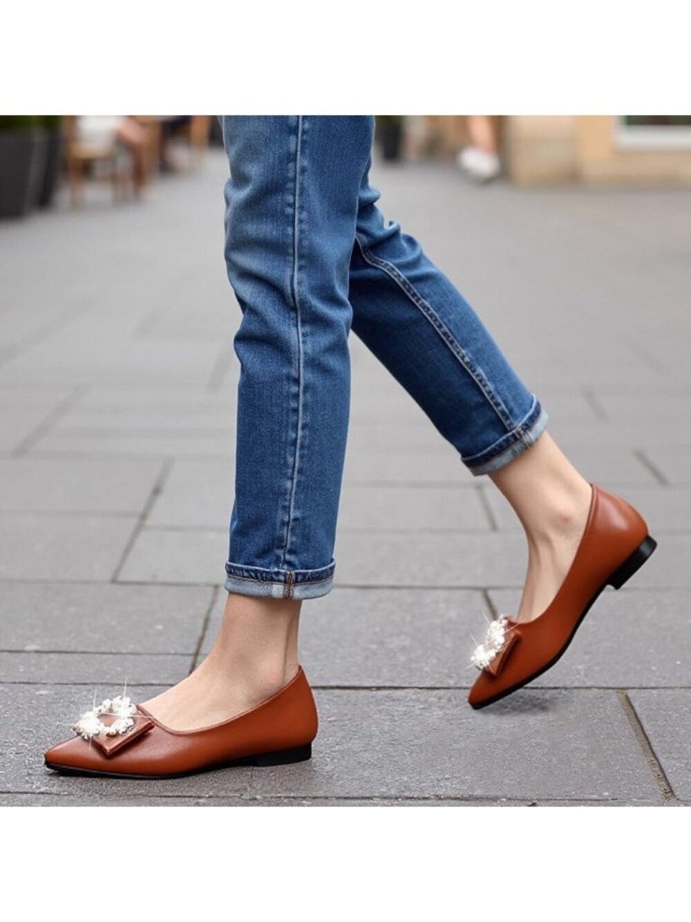 Women's 02-Brown Pointed Toe Pearl Flats Comfort Non Slip Soft Sole Office Shoes - Picture 2 of 6